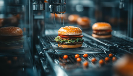 Freshly Made Burgers on Conveyor Belt in Fast Food Production Factory. Automation in Food Industry.の素材