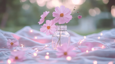 Whimsical Wildflowers Soft Pastel Blooms in a Vase with Enchanting Fairy Lights Glowの素材