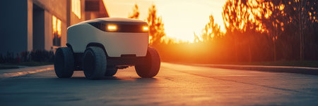 Autonomous Delivery Robot Navigates a Neighborhood Street, Embracing the Future of Logisticsの素材