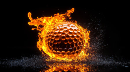 Burning Golf Ball with Bright Fire, Illuminating Balls Dimples on a Black Backgroundの素材