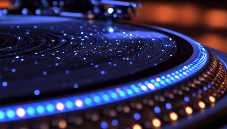 Vinyl Turntable With Nightclub Atmosphere And Blue Bokeh, Abstract Night Life Backgroundの素材