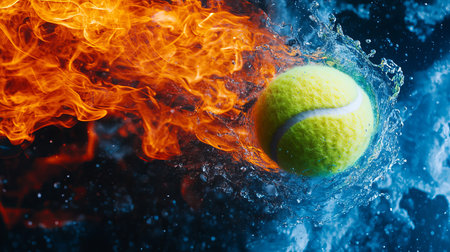 Fiery Tennis Ball Soaring Through Air and Water, Swirling Flames, Motion Blur, Black Backdropの素材