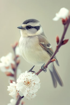 Serene Spring Day Delicate Songbird Perched Upon a Branch of Blooming Spring Flowersの素材