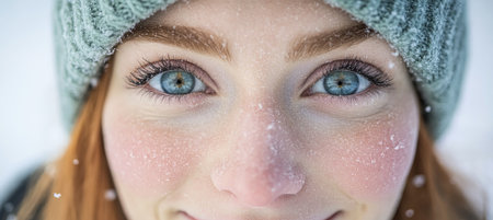 Winter Wonderland Glow Close Up Of Woman With Rosy Cheeks And Snowflakes On Her Faceの素材