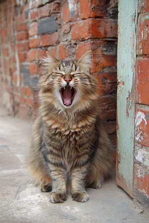 Fluffy Cat, Big Yawn Adorable Tabby Enjoying a Moment Outdoors, Full of Personality.の素材