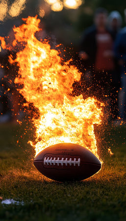 Fiery Football Explosion on the Gridiron Inferno of Sporting Passion Ignites the Nightの素材