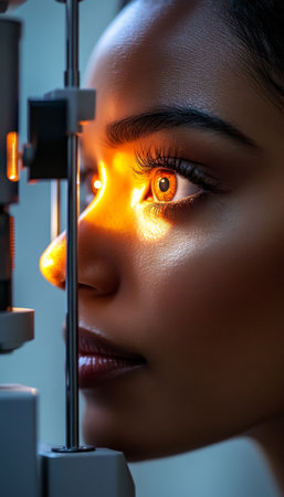 Eye Health Checkup Patient Undergoing Comprehensive Vision Exam Using Medical Equipmentの素材
