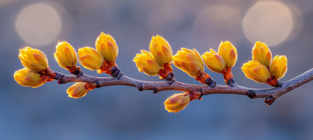First Signs of Spring Branch with Delicate Opening Yellow Buds Against a Soft Blue Backgroundの素材
