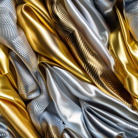 Luxury Metallic Fabric Texture Shimmering Gold and Silver Drapery Material for Elegant Designの素材