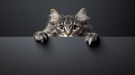 Curious Cat Peeking Over Blank Black Surface with Intense Gaze on Dark Gray Background, Copy Spaceの素材