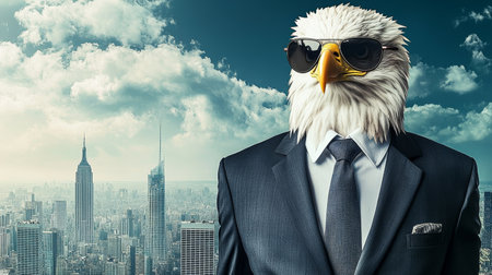 Soaring Ambition Majestic Eagle in Business Attire Surveys the Urban Landscape From a Rooftopの素材