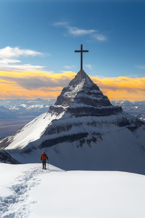 Summit Faith A Lone Hiker Approaches a Mountaintop Cross at Sunset, Scenic Winter Wonderland.の素材