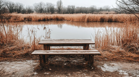 Tranquility and Solitude, a Rustic Wooden Bench Overlooking a Peaceful Autumn Lake on a Cloudy Dayの素材