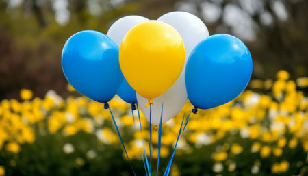 Blue, Yellow, and White Balloons Against a Blurred Natural Background, Celebrating Freedom and Hopeの素材