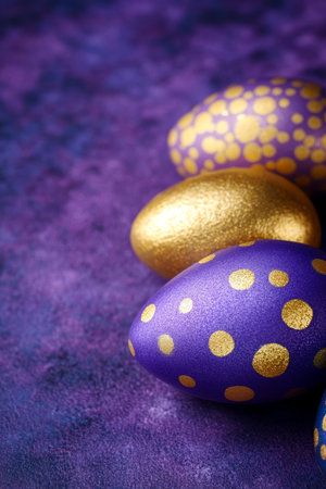 Elegant Easter Decoration Vibrant Lavender and Gold Polka Dot Eggs on Textured Purple Backgroundの素材