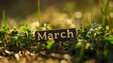 Hello March greeting in a sunlit meadow, green shamrocks evoke the luck of the Irish.の素材