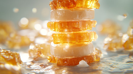 Stack of Golden Honeycomb Candy Pieces on a Light Blue Background With Water Dropletsの素材