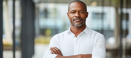 Confident and successful Black businessman with crossed arms a portrait of leadership.の素材