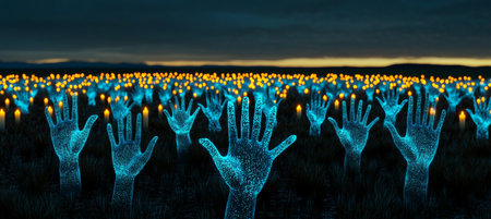 Unity in the Blue Hour Glowing Holographic Hands Reach for Candlelight in a Vast Fieldの素材