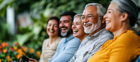 Five Friends Sharing a Joyful Moment Together, Laughter and Camaraderie in the Gardenの素材