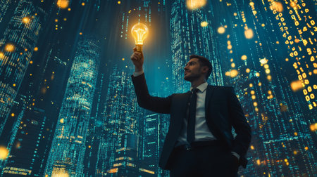 Businessman holding glowing lightbulb, symbolizing innovation and success in digital world.の素材