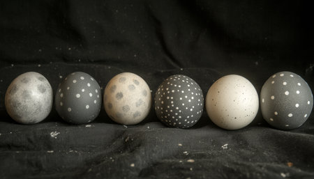 Six decorated Easter eggs in black, silver, and white with polka dots on a black cloth.の素材
