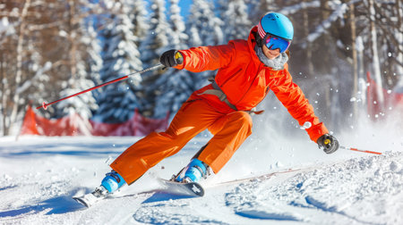 Female Skier In Bright Orange Outfit Carving Through Deep Powder Snow on a Sunny Winter Dayの素材