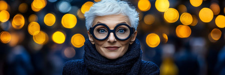 Stylish Senior Woman. Portrait of a Beautiful Senior Woman Wearing Stylish Glasses in a City Settingの素材