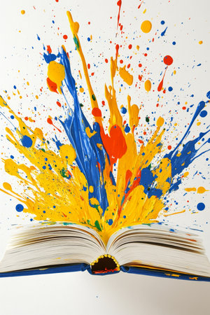 Open Book Exploding with Vibrant Color, Splashing Creativity Learning and Imaginary Conceptsの素材