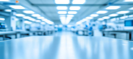 Abstract Blurred Science Laboratory Interior Empty Room Background with Defocused Working Space.の素材
