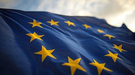 European Union Flag Waving in the Wind, Detailed Graphic Illustration of Unity and Cooperationの素材