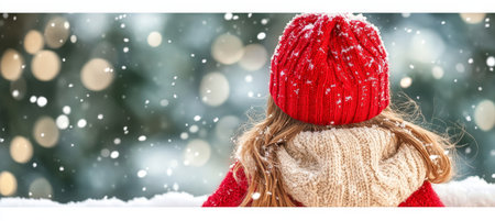 Young Girl in Red Knit Hat Admiring a Snowy Winter Wonderland, Sparkling Seasonal Beautyの素材