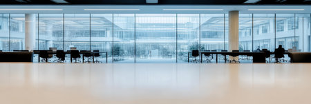 Modern Office Interior With Glass Walls, Long Empty Desks in Contemporary Coworking Space.の素材