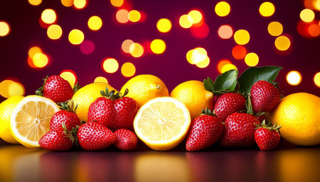Vibrant Springtime Still Life Fresh Strawberries and Juicy Lemons on Sparkling Bokeh Backgroundの素材
