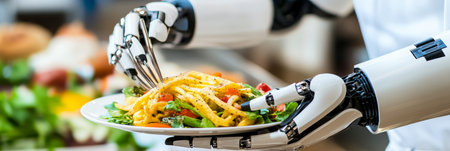 Robotic Arms Serve Delicious and Healthy Salad, Embracing Future of Food and Technology.の素材