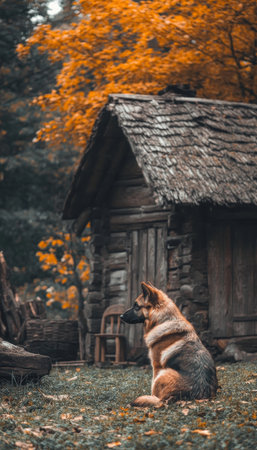 Loyal German Shepherd Dog Sits by a Rustic Cottage in Autumn Splendor Amidst Golden Leaves.の素材