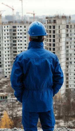 Construction Engineer in Blue Uniform Inspects Progress, Urban Development Backgroundの素材