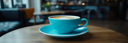 Blue Coffee Cup with Latte Art on Wooden Table in Cozy Cafe, Blurred Interior Backgroundの素材