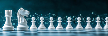 White Knight Leading Chess Pawns on Checkerboard, with Network Graphic and Binary Code in Backgroundの素材