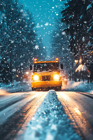 Snowplow ClearingSnowy Road During Heavy Winter Blizzard, Ensuring Commuter Safety and Accessibilityの素材