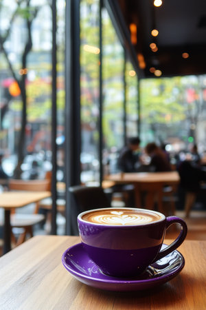 Aromatic Latte Art in Cozy Cafe Purple Coffee Mug with Latte on Wooden Table,, Blurred Bokehの素材