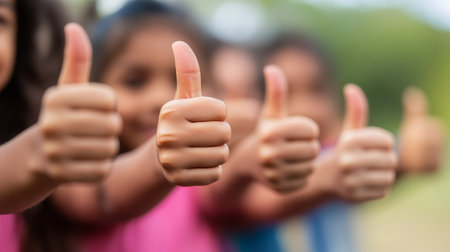 Diverse Group of Children Showing Teamwork and Positivity With Thumbs Up Gesture Outdoorsの素材