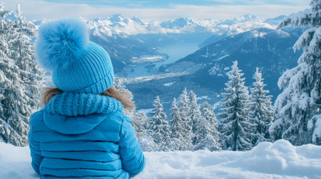 Winter Wonderland Young Girl in Blue Enjoys a Majestic Mountain Vista Covered in Snowの素材