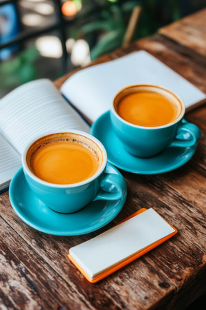 Two Teal Blue Coffee Cups and Open Sketchbook, Rustic Cafe Table, Creative Inspirationの素材