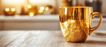 Luxury Hot Golden Coffee Cup On Table In Blurred Kitchen Interior, Backdrop Copy Space.の素材