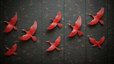 Red Birds in Flight Seven Red Birds Soaring Against a Dark, Textured Background, Japanese Design.の素材