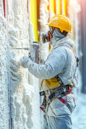 Construction Worker Applying Expanding Foam Insulation For Energy Efficiency In Building Wallの素材