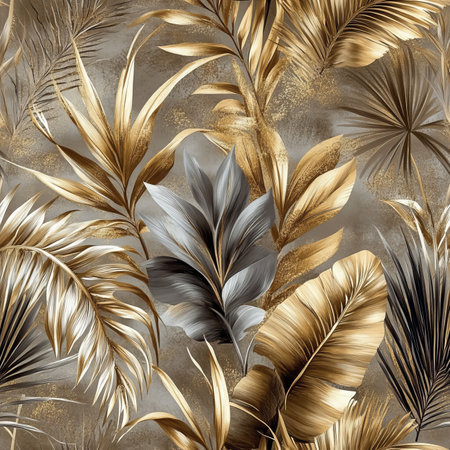 Seamless Pattern, Abstract Tropical Palm  Banana Leaves in Gold, Gray, Luxury Wallpaper Designの素材