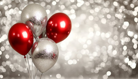 Red and Silver Balloons on a Sparkly Silver Background, Perfect for Festive Celebrations.の素材