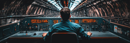 Subway Driver In Deep Focus Navigating An Underground Tunnel, Professional At Work, City Transitの素材